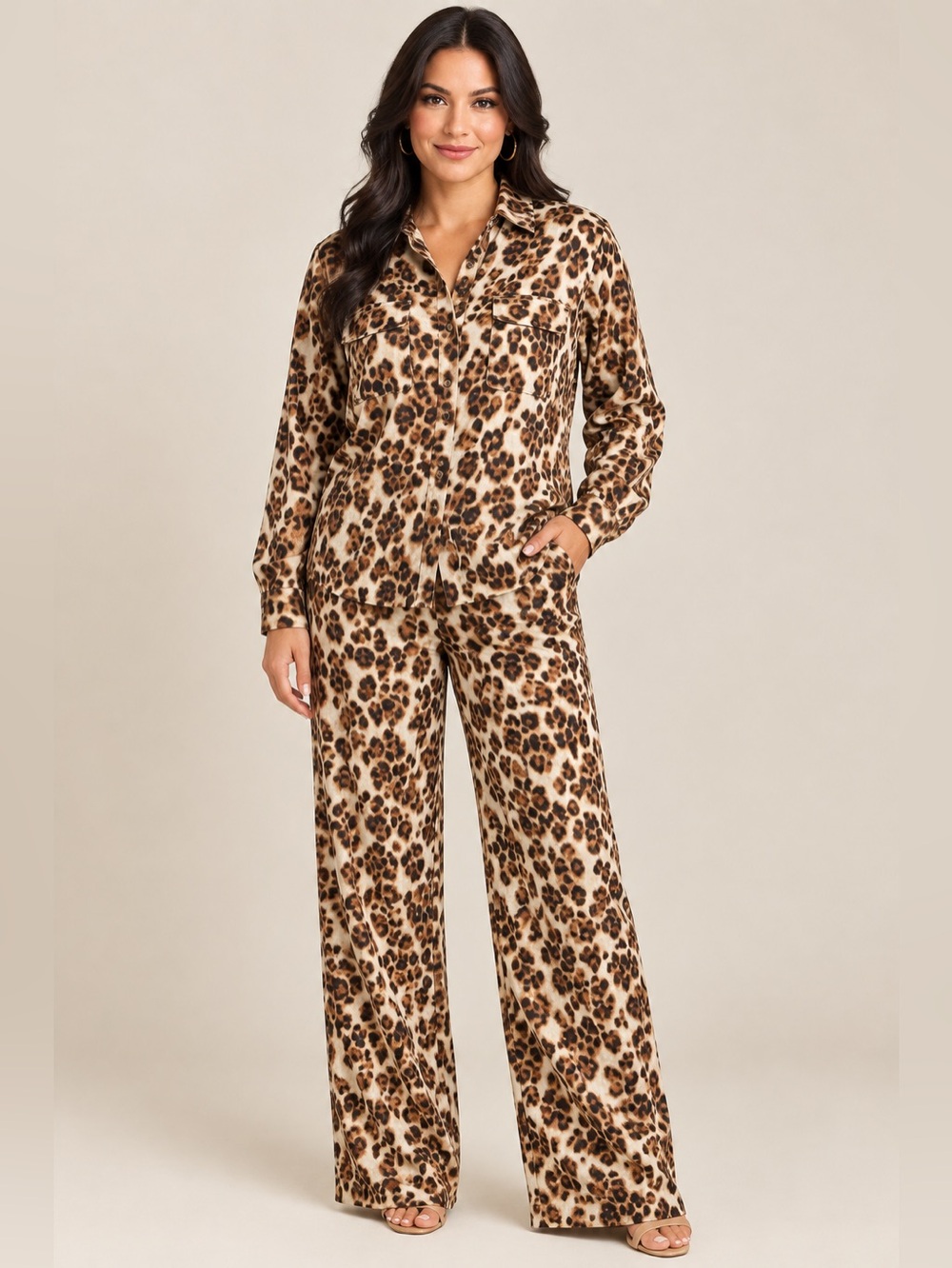 WinWin Leopard Print Jumpsuit & Top Set in Brown and Cream